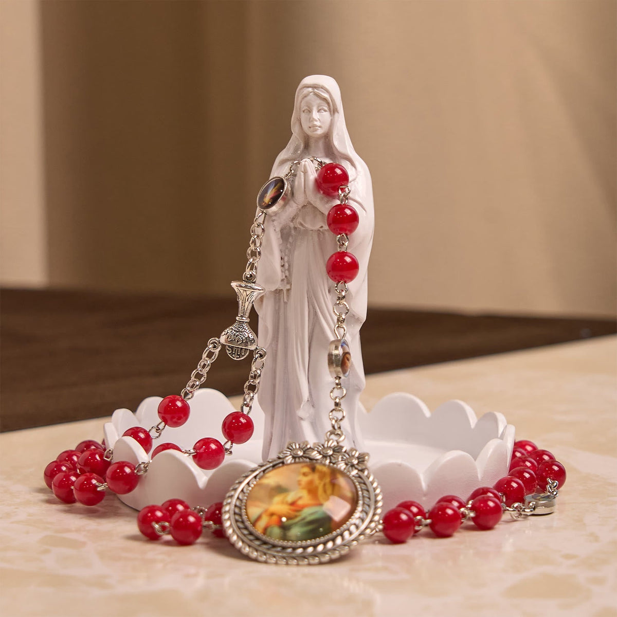 Elegant Burgundy 8mm Round Beads Rosary with Flower Carved Our Lady Medal & Holy Grail