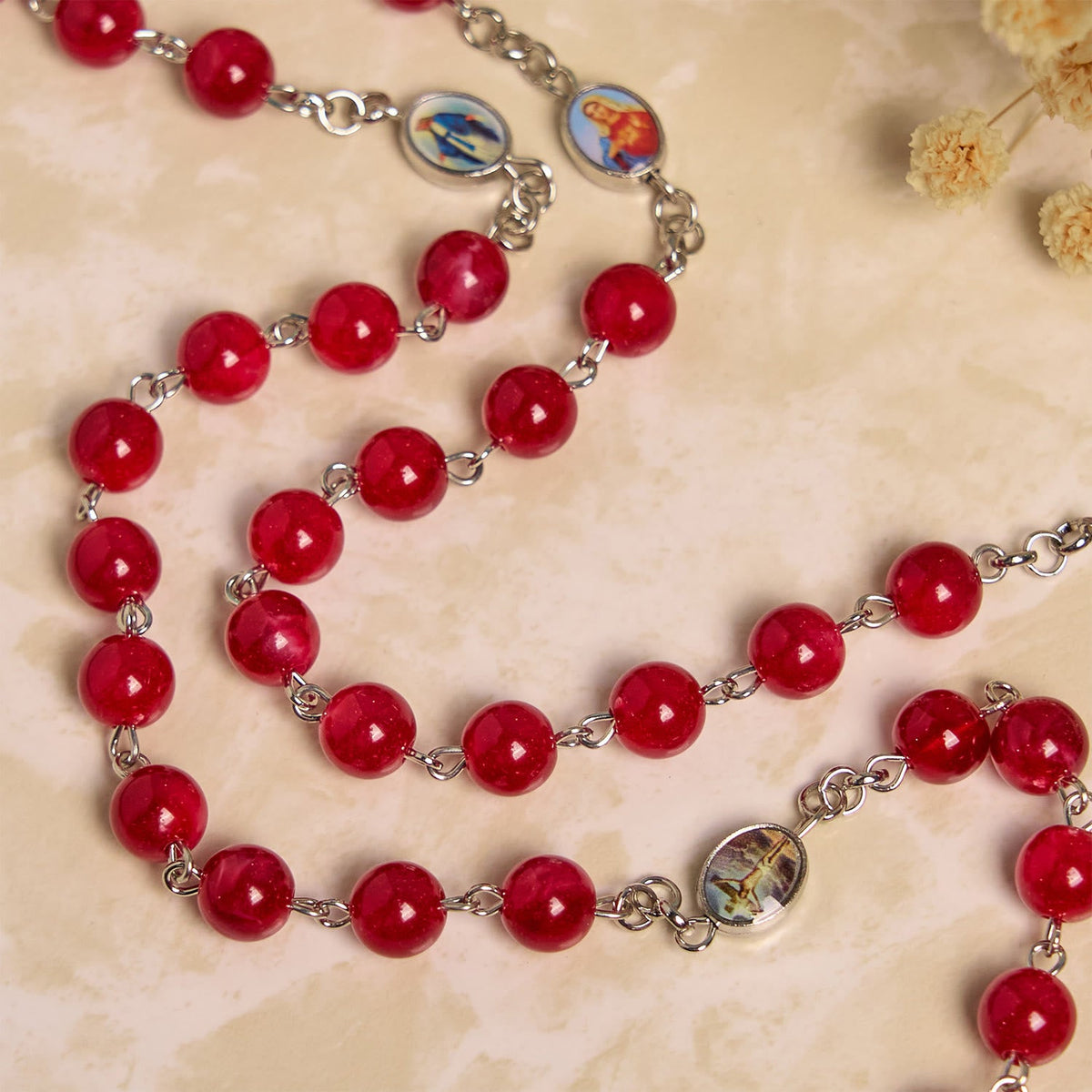 Elegant Burgundy 8mm Round Beads Rosary with Flower Carved Our Lady Medal & Holy Grail