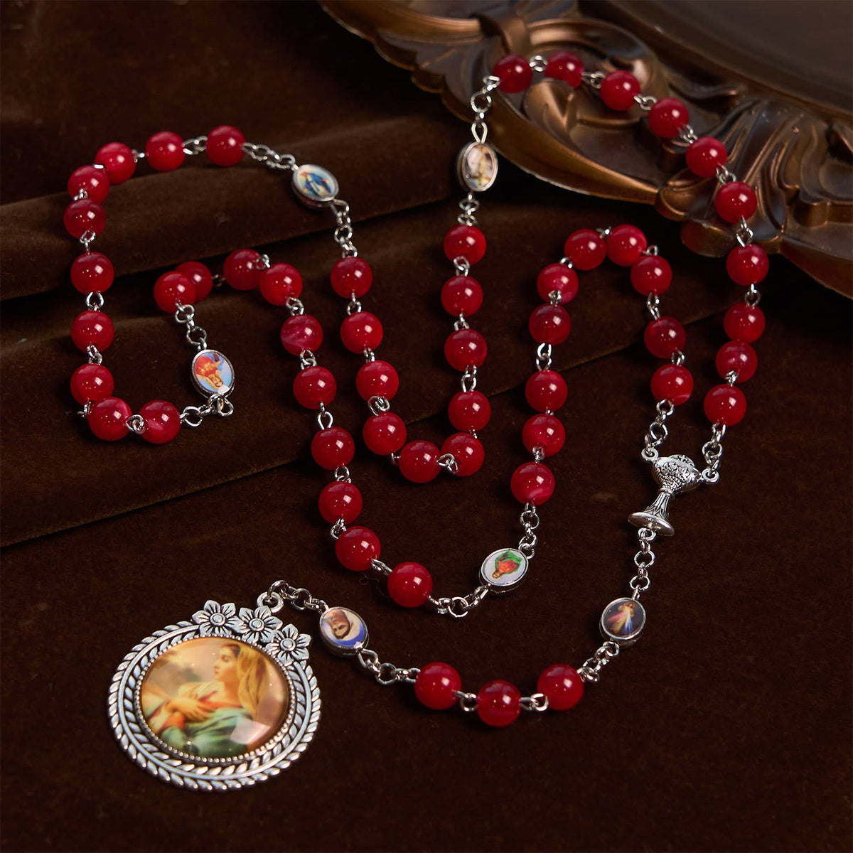 Elegant Burgundy 8mm Round Beads Rosary with Flower Carved Our Lady Medal & Holy Grail
