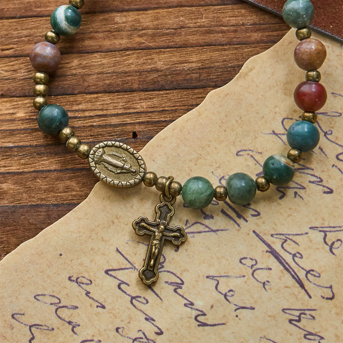 Earth-Toned Multicolor Round Beads with Bronze Miraculous Medal & Crucifix Rosary and Bracelet