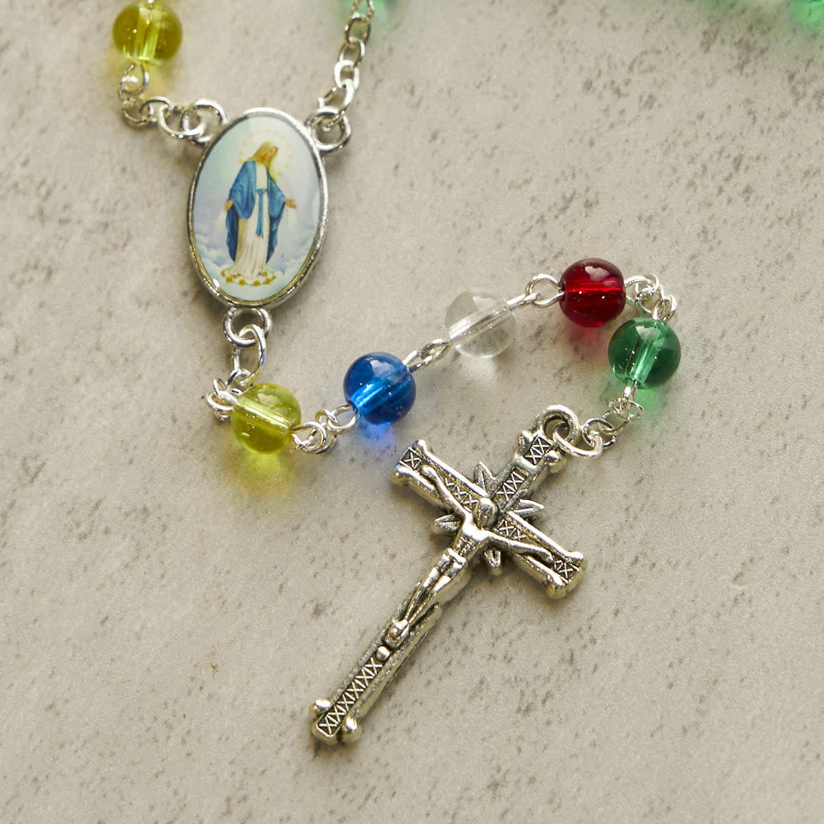 Holy Virgin Mary Pendant and Crucifix of 6mm Transparent Multicolor Rainbow Beads Rosary