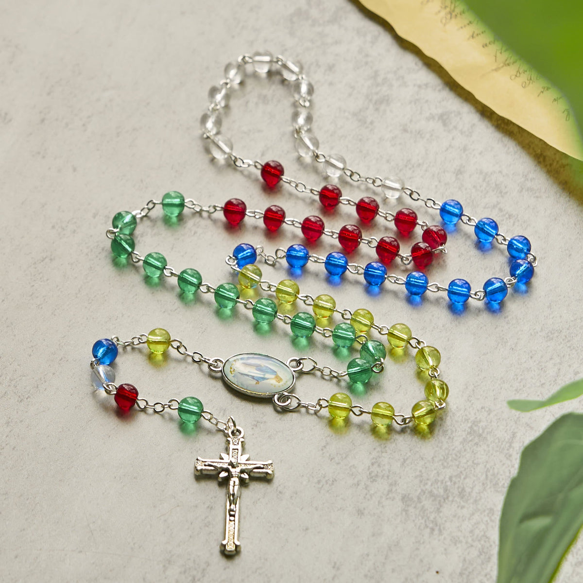 Holy Virgin Mary Pendant and Crucifix of 6mm Transparent Multicolor Rainbow Beads Rosary