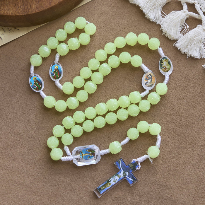 Glow-in-the-Dark Green Beads Rosary with Vibrant Holy Virgin Saint Pendant & Crucifix