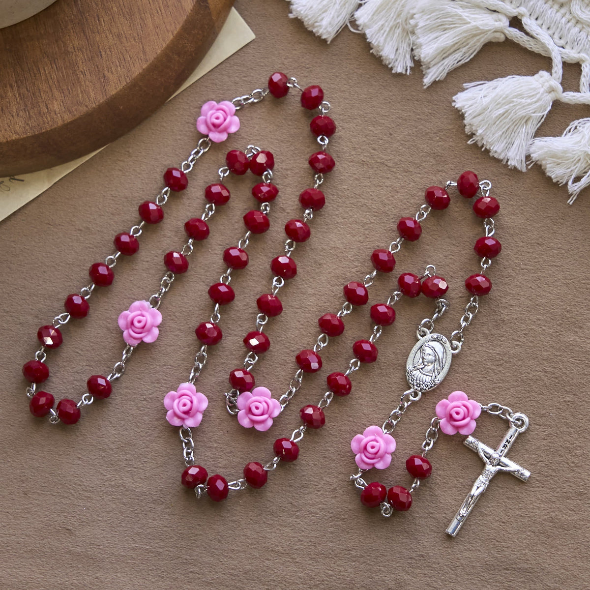 Floral Rose Beads and 8mm Multicolor Polyhedral Rosary with Virgin Mary Charm & Crucifix