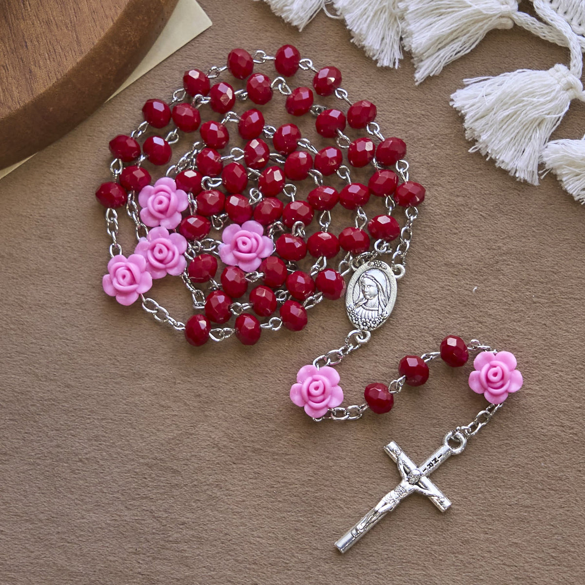 Floral Rose Beads and 8mm Multicolor Polyhedral Rosary with Virgin Mary Charm & Crucifix
