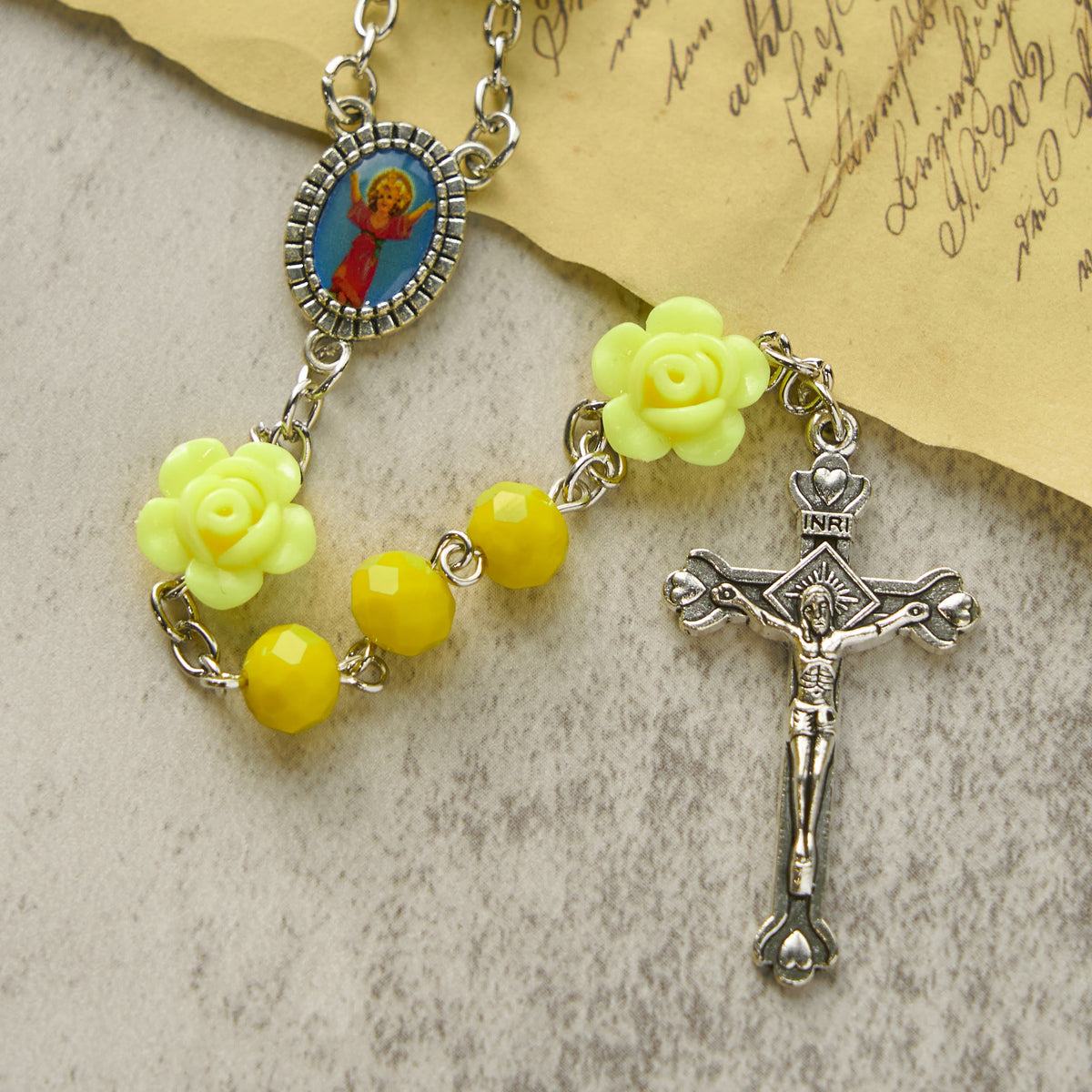 Floral Rose Beads and 8mm Multicolor Polyhedral Rosary with Virgin Mary Charm & Crucifix