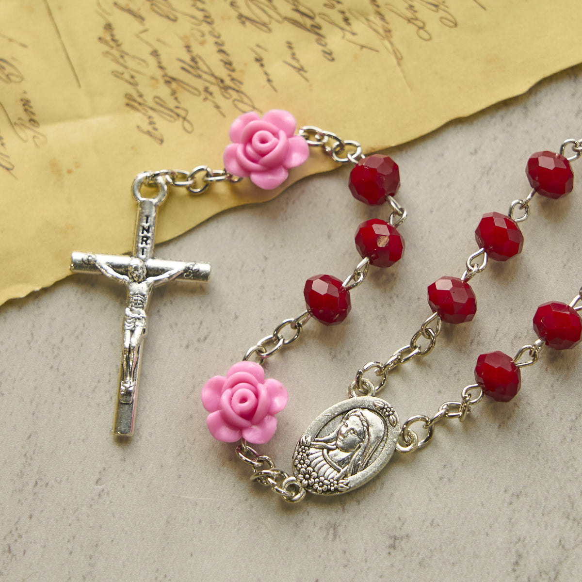 PRAYERFUL FAITH: Floral Rose Beads Multicolor Polyhedral Rosary with Gift Card