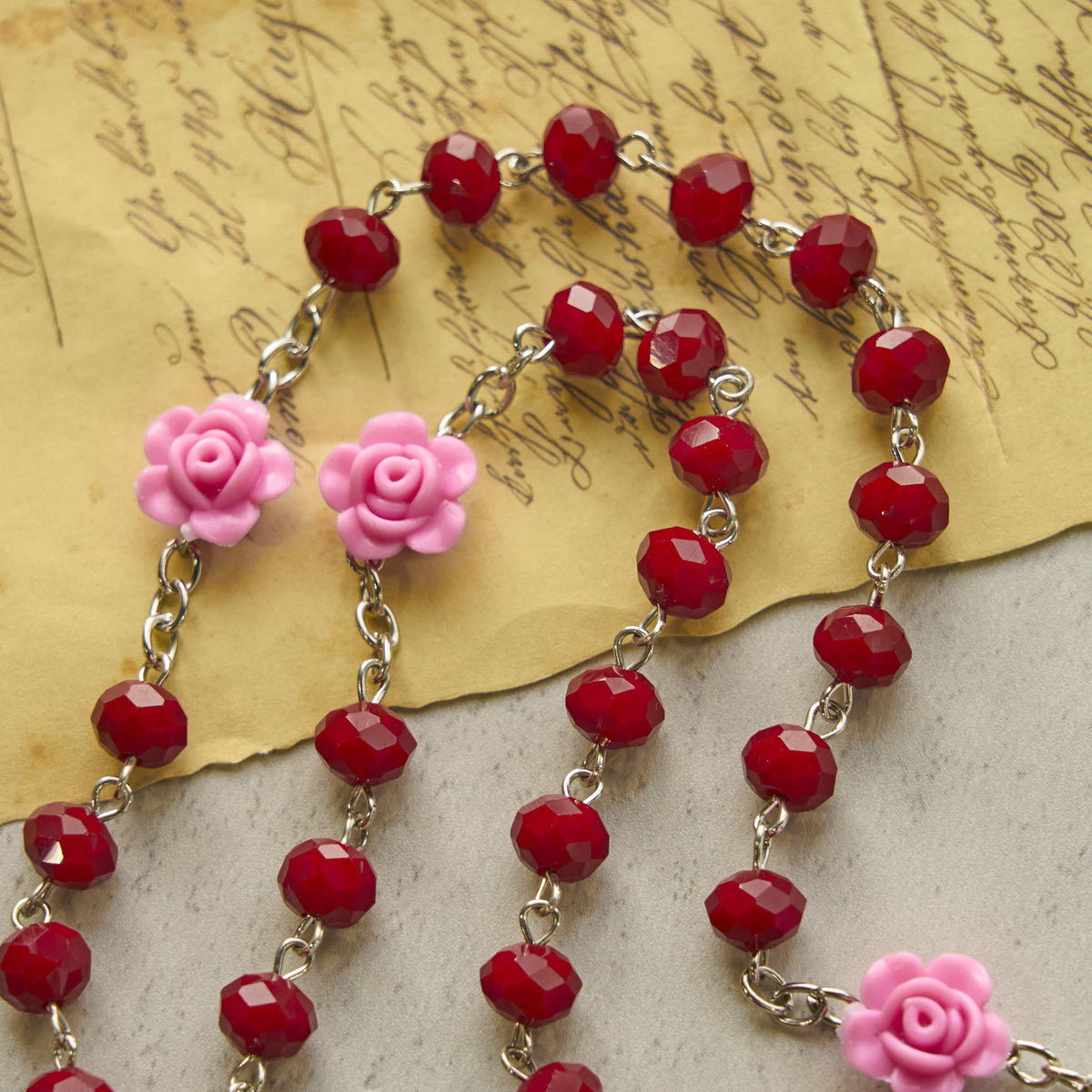 Floral Rose Beads and 8mm Multicolor Polyhedral Rosary with Virgin Mary Charm & Crucifix