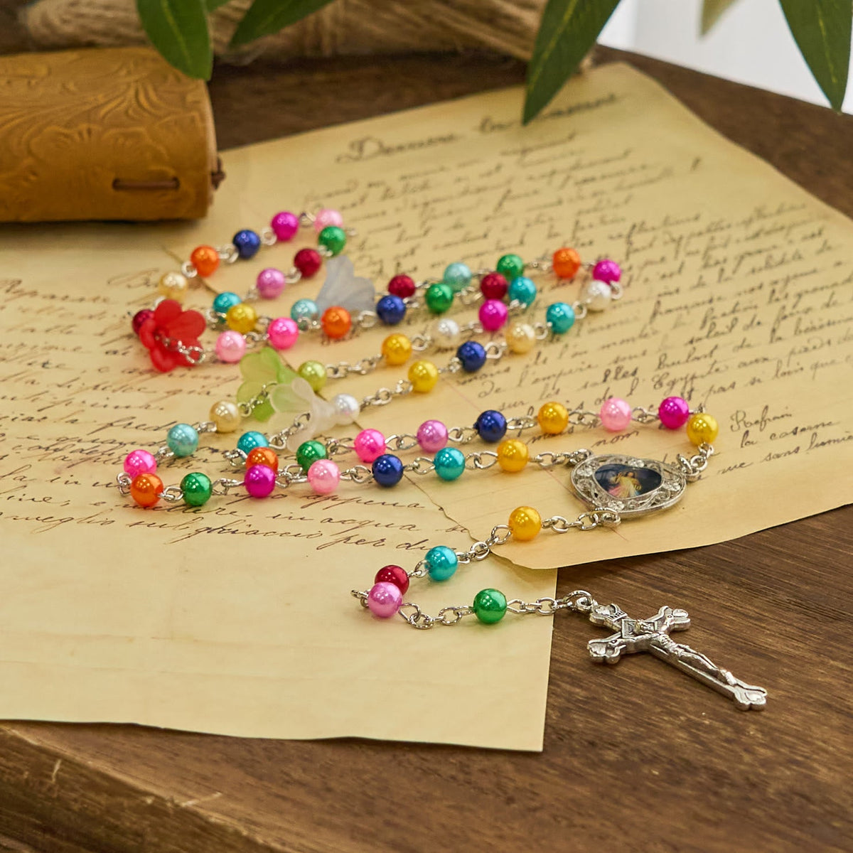 Artisan Vibrant Colorful Rainbow Beads Rosary with Divine Mercy Medal and Lily Accent