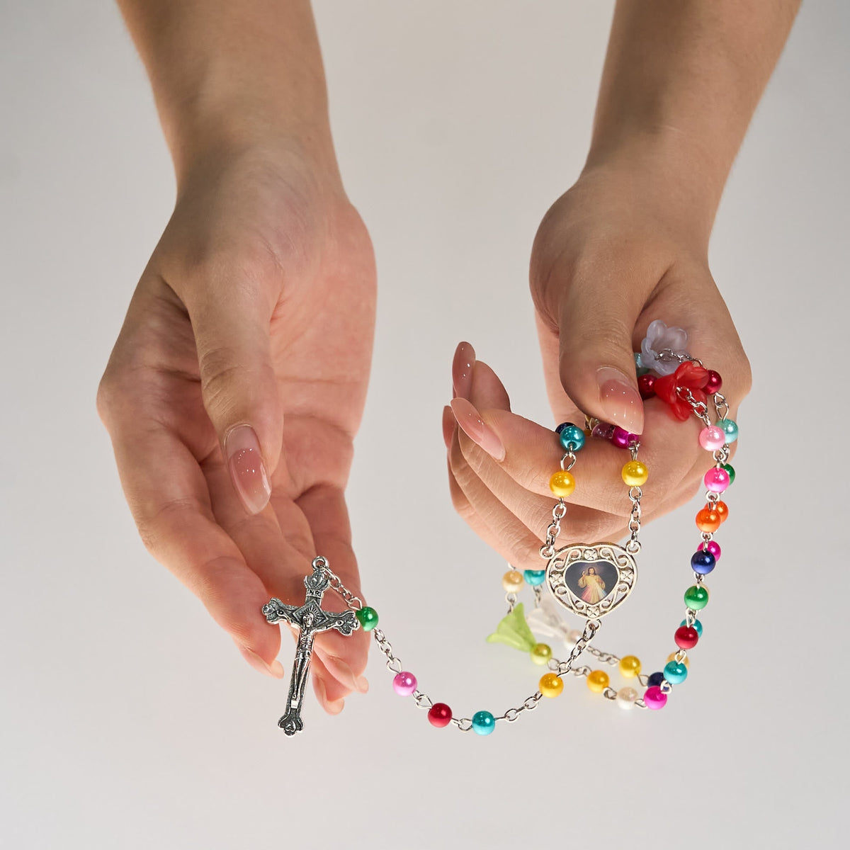 Artisan Vibrant Colorful Rainbow Beads Rosary with Divine Mercy Medal and Lily Accent