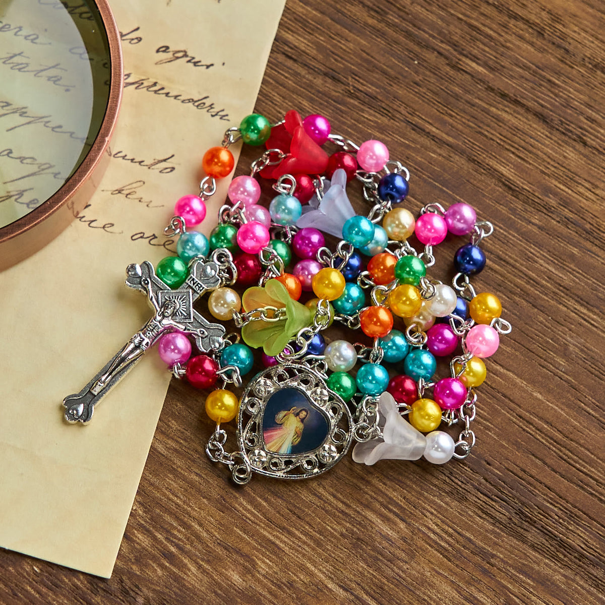Artisan Vibrant Colorful Rainbow Beads Rosary with Divine Mercy Medal and Lily Accent