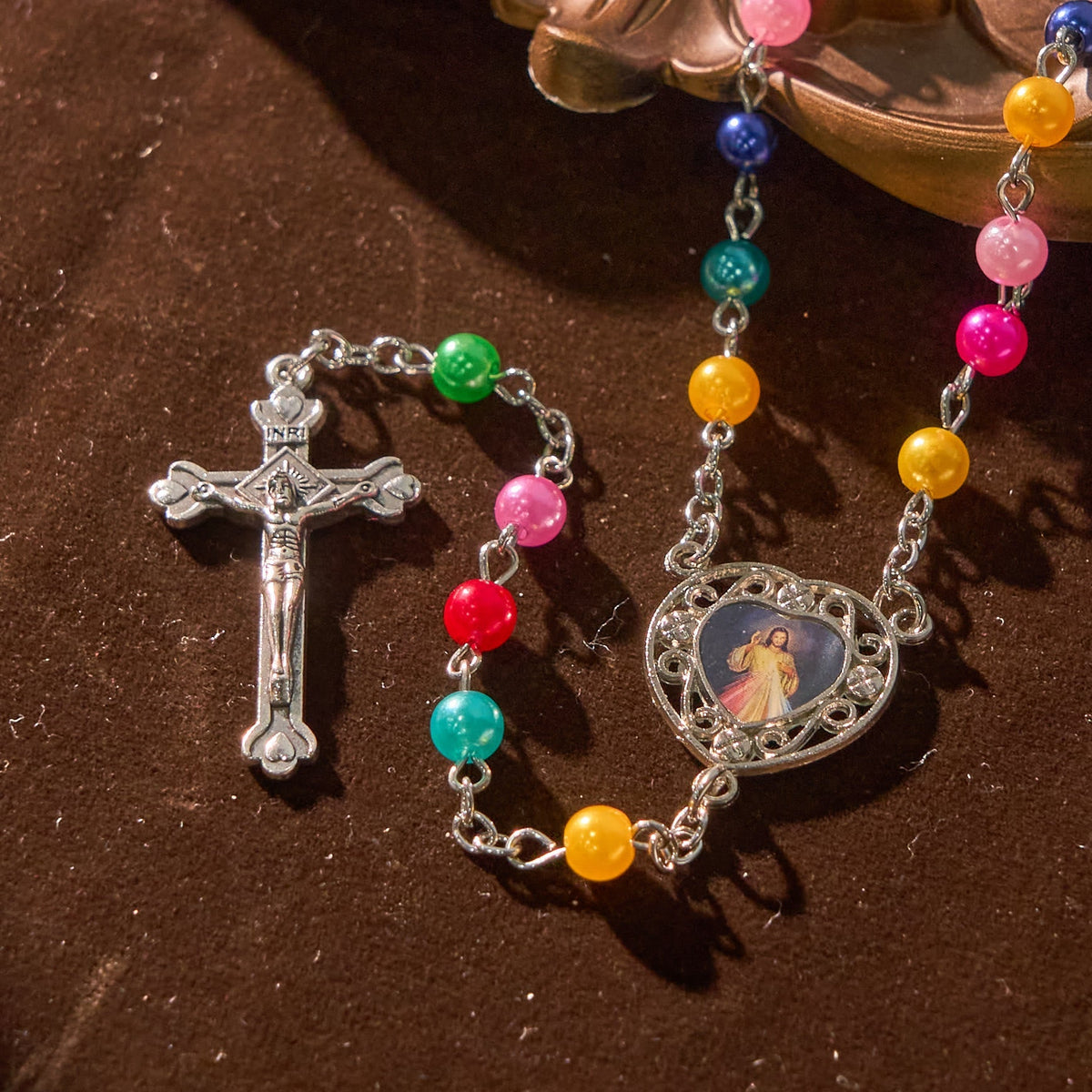 Artisan Vibrant Colorful Rainbow Beads Rosary with Divine Mercy Medal and Lily Accent