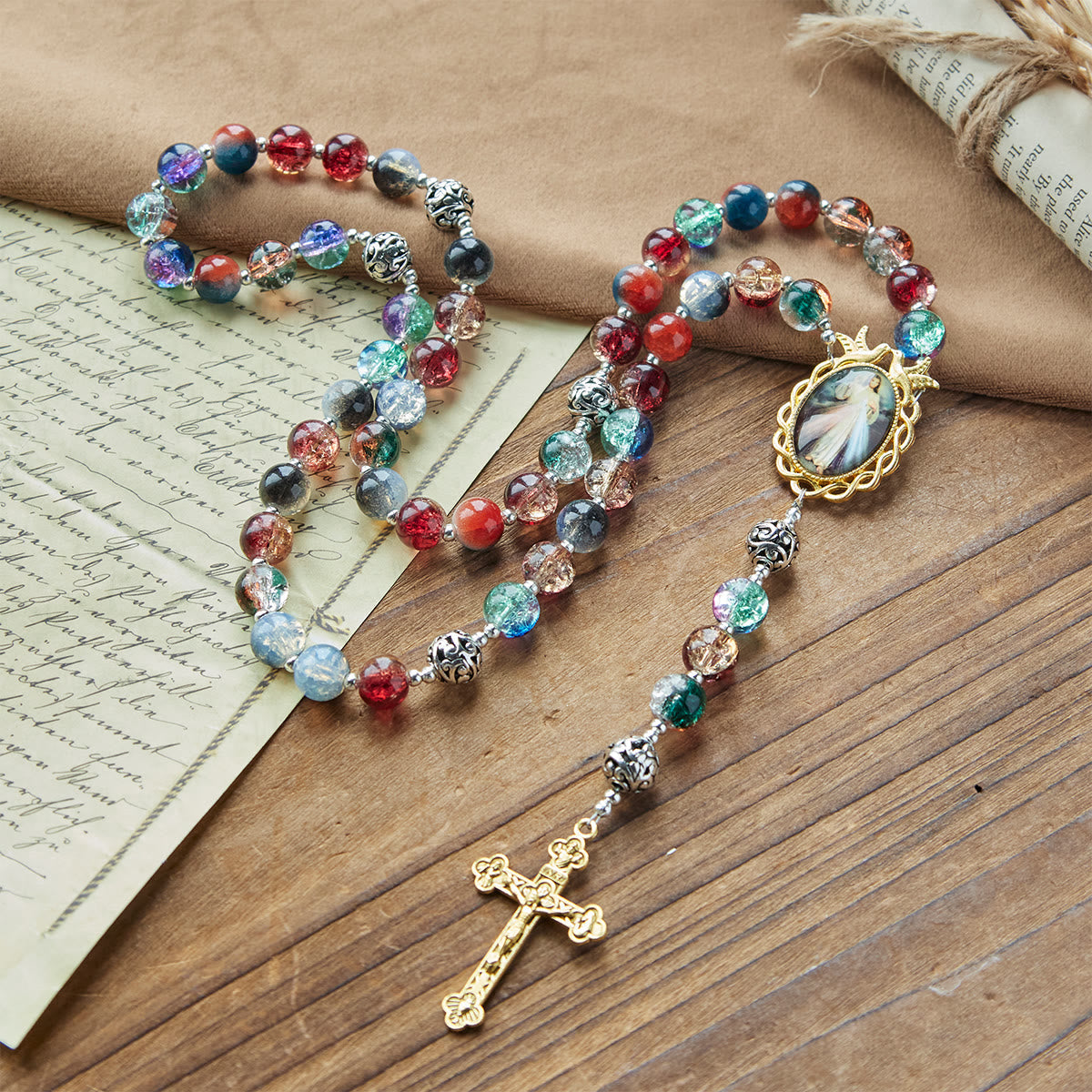 PRAYERFUL FAITH: Handmade Gradient Multicolor Glass Bead & Brass Crucifix Rosary with Gift Card