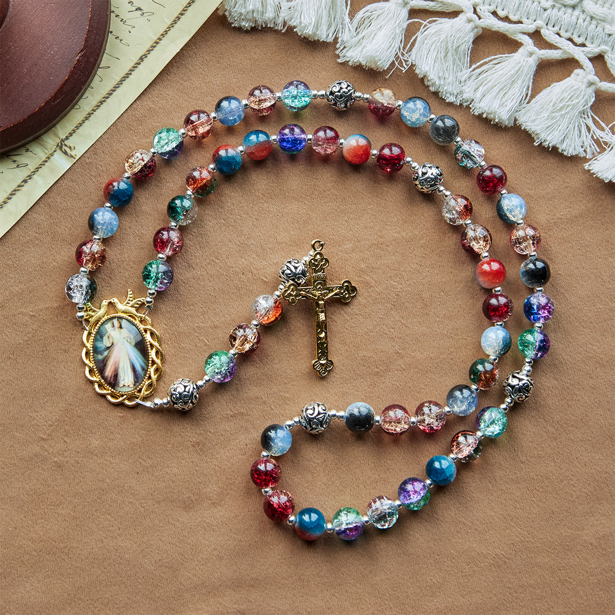PRAYERFUL FAITH: Handmade Gradient Multicolor Glass Bead & Brass Crucifix Rosary with Gift Card