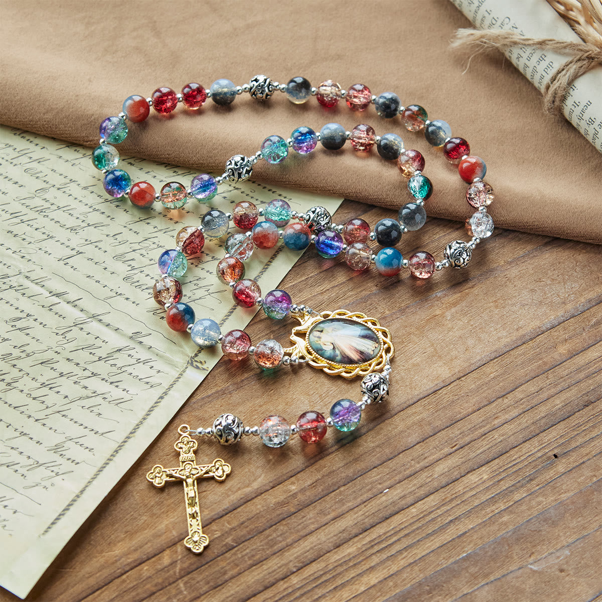 PRAYERFUL FAITH: Handmade Gradient Multicolor Glass Bead & Brass Crucifix Rosary with Gift Card
