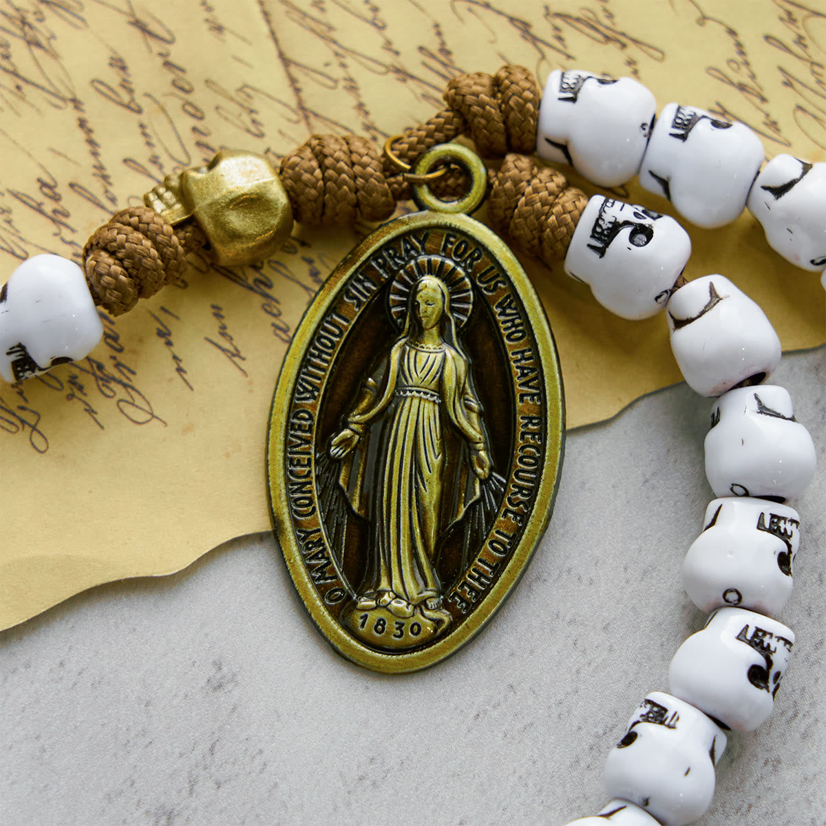 Rebel Style White Skull Beads with Miraculous Medal & INRI Crucifix Rosary