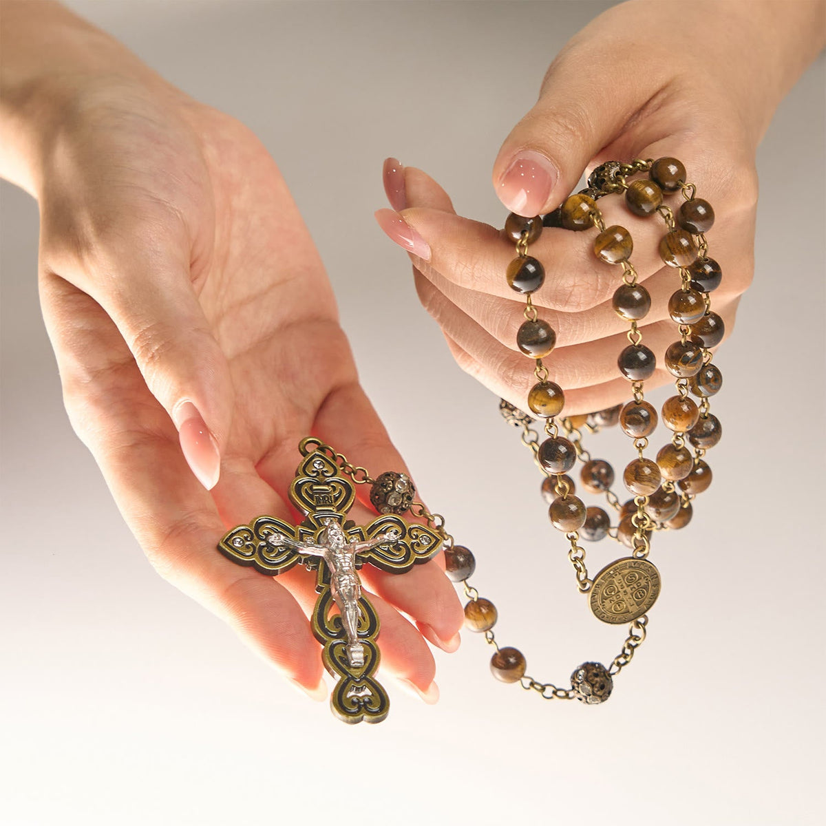 Natural Tiger Eye Beads and Bronze St. Benedict Medal & Crucifix Rosary