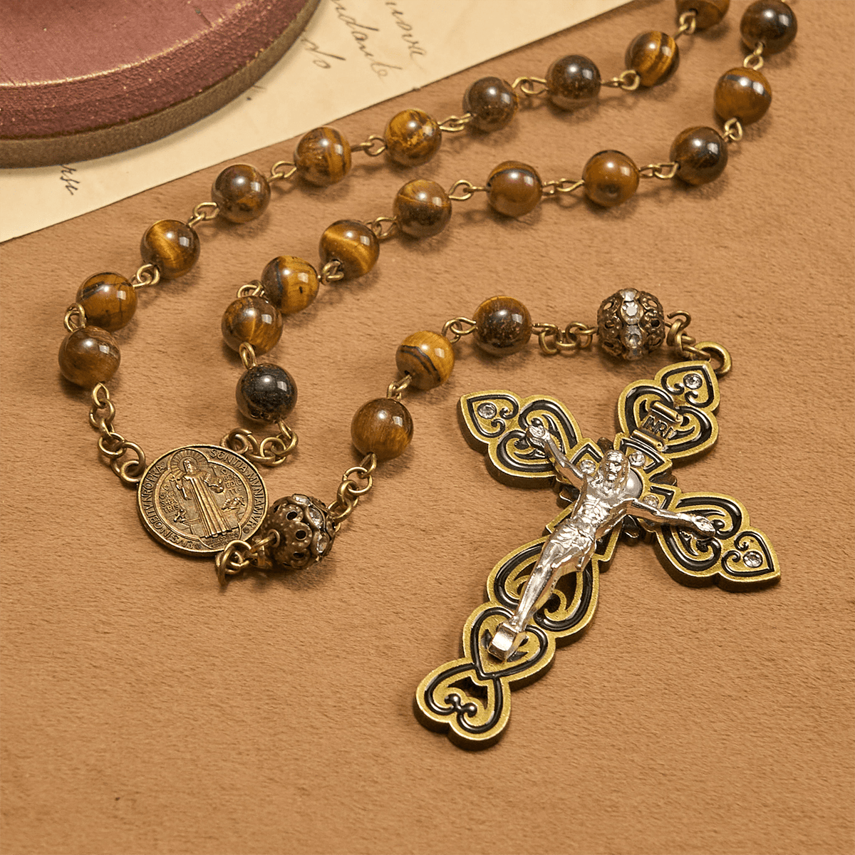 Natural Tiger Eye Beads and Bronze St. Benedict Medal & Crucifix Rosary
