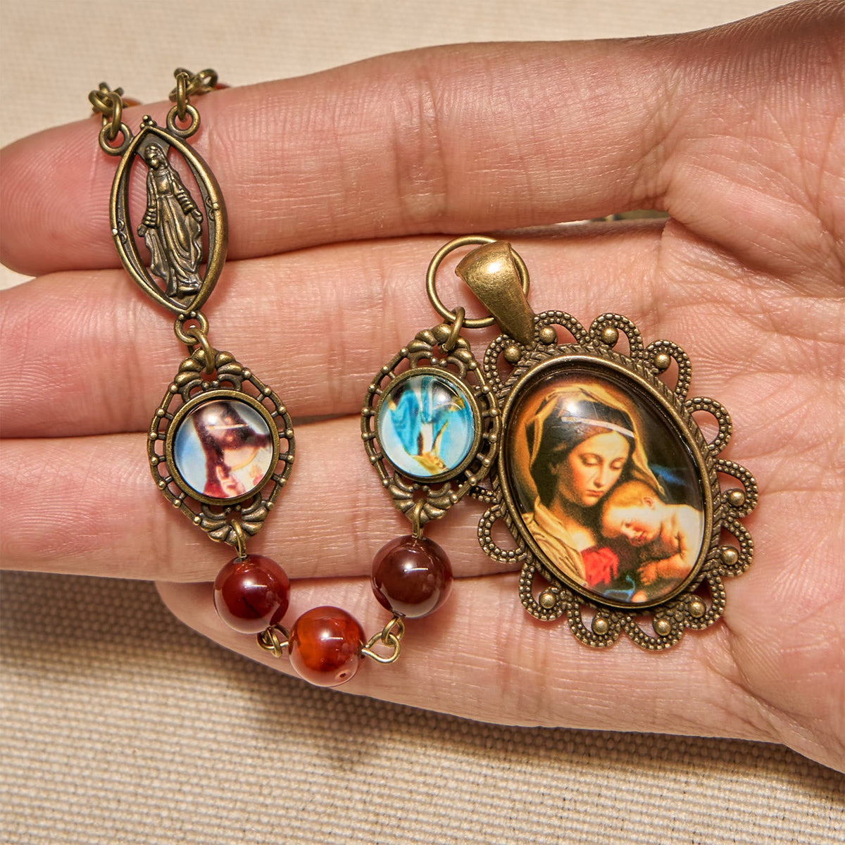 Madonna Medal & Saint Symbols of Dreamy Brown Agate Beads Rosary