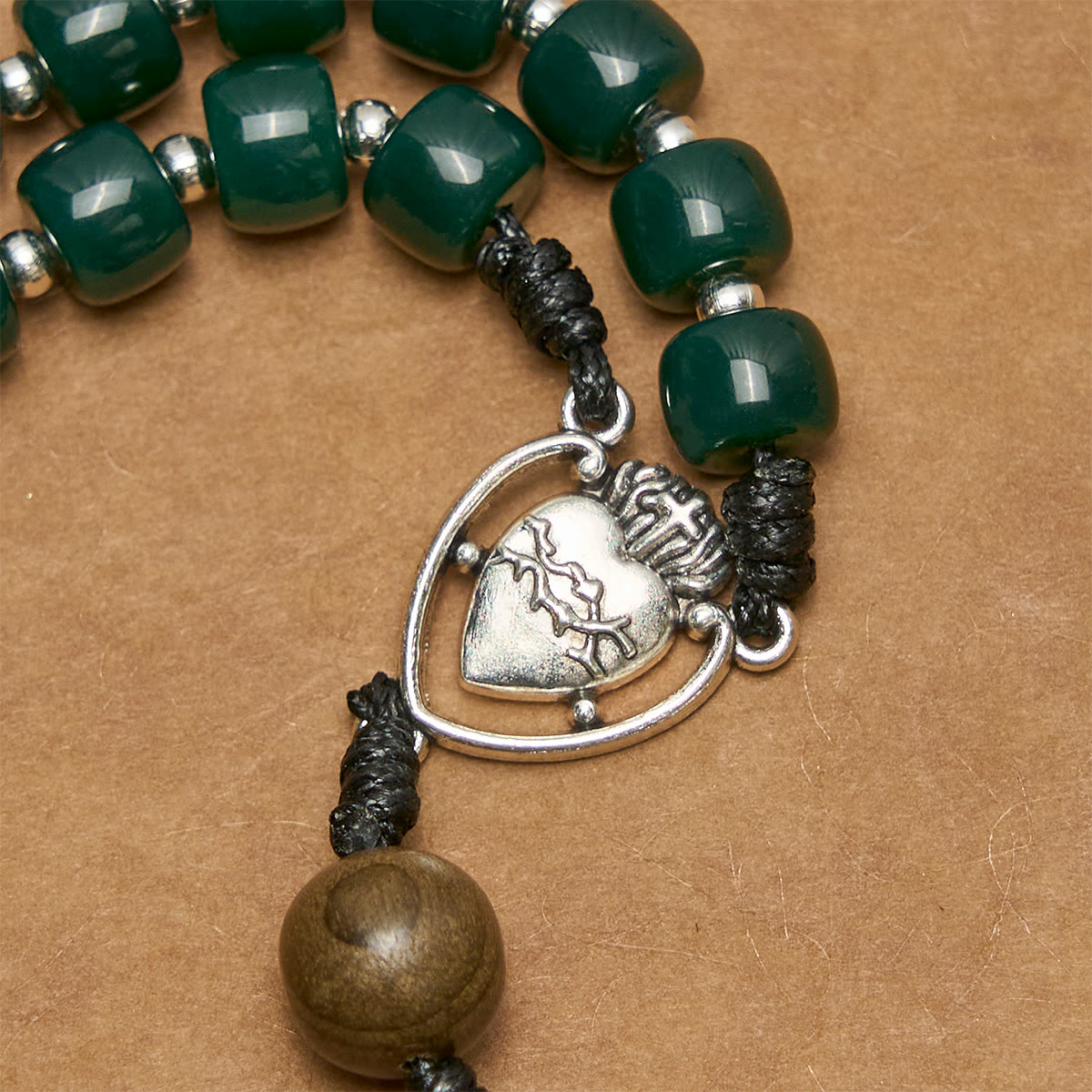 Matte Green Cube Beads Rosary with Sacred Heart of Jesus & Celtic Cross
