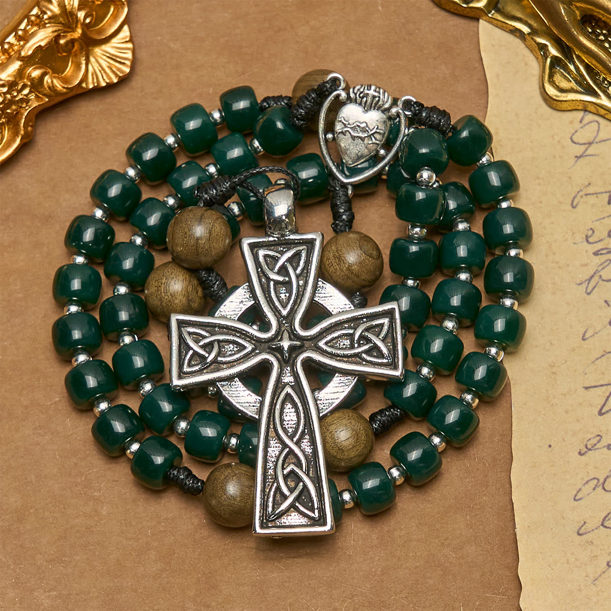 Matte Green Cube Beads Rosary with Sacred Heart of Jesus & Celtic Cross