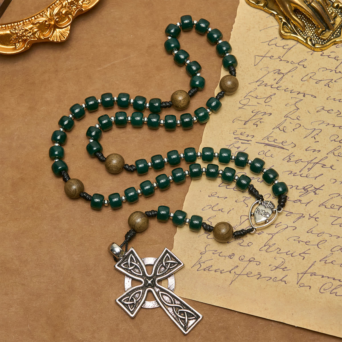 Matte Green Cube Beads Rosary with Sacred Heart of Jesus & Celtic Cross