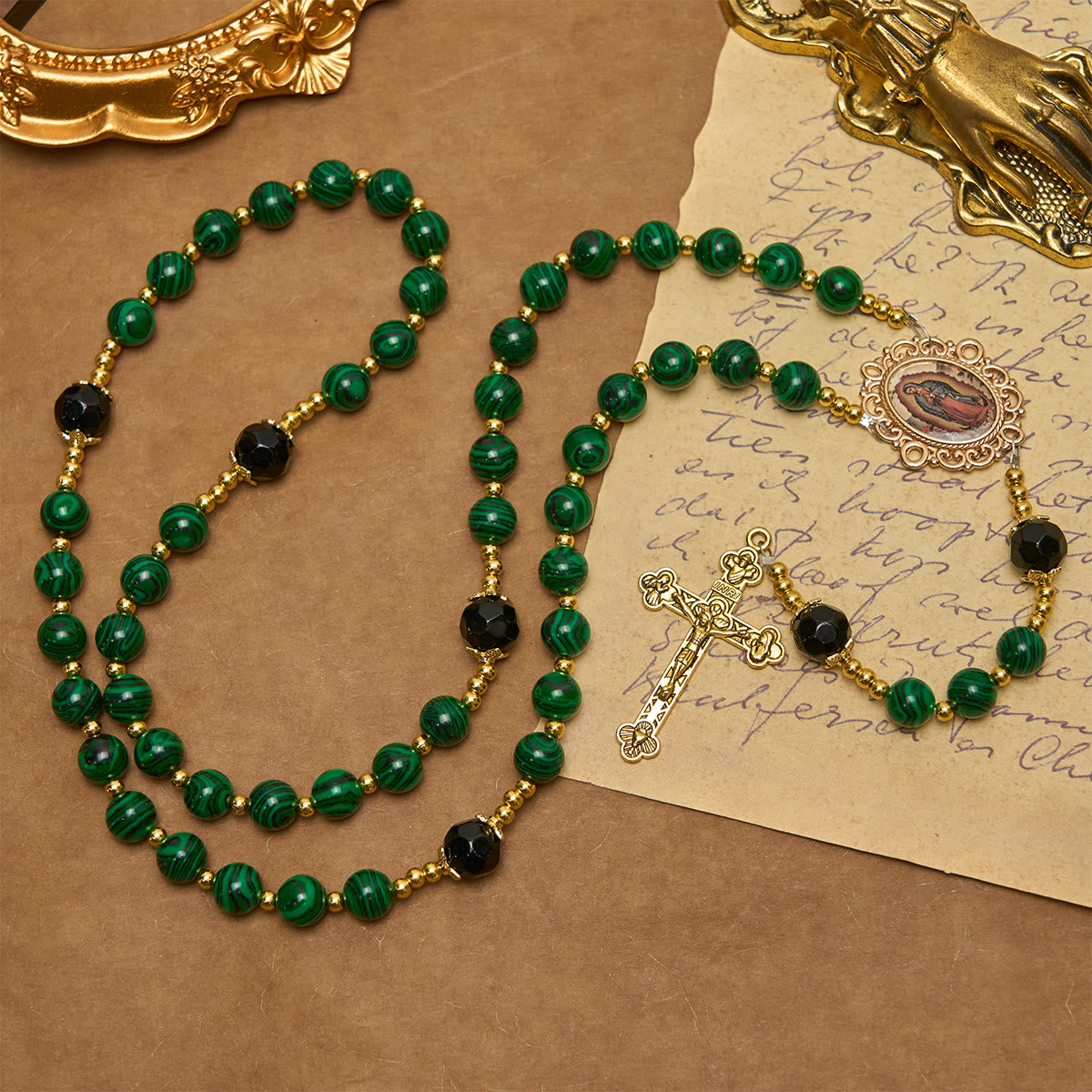 Jesus Is The Gift: Malachite Green Rosary with Miraculous Medal
