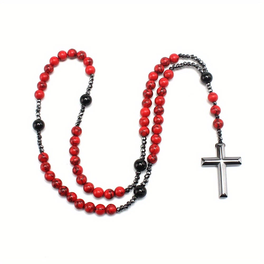 Natural Red Turquoise & Black Agate Rosary with Cross: For Faithful Prayer