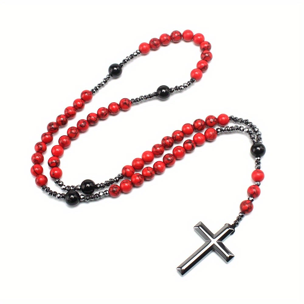 Natural Red Turquoise & Black Agate Rosary with Cross: For Faithful Prayer