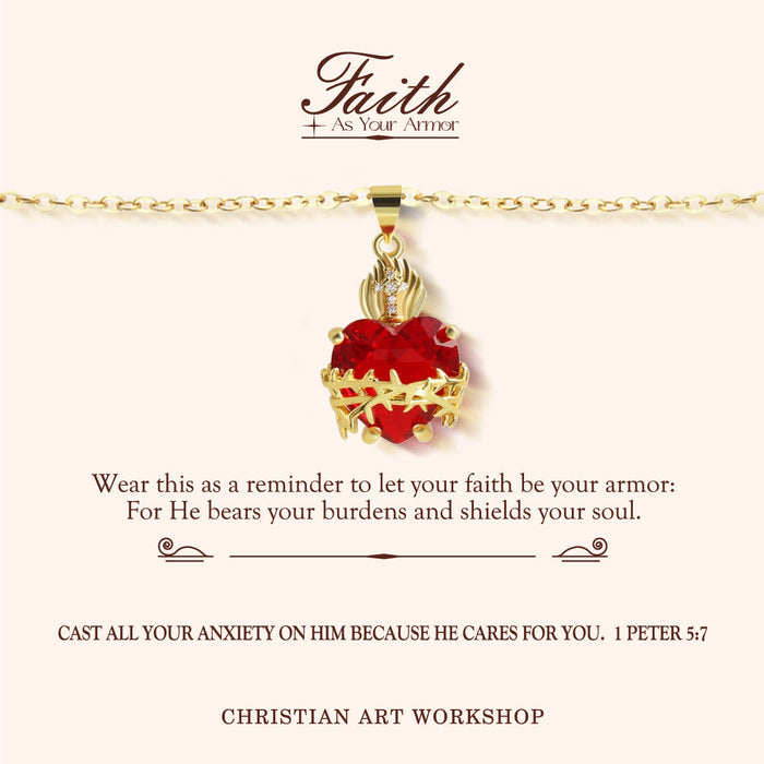 FAITH AS YOUR ARMOR: Red Gemstones Sacred Heart of Jesus Pendant Necklace