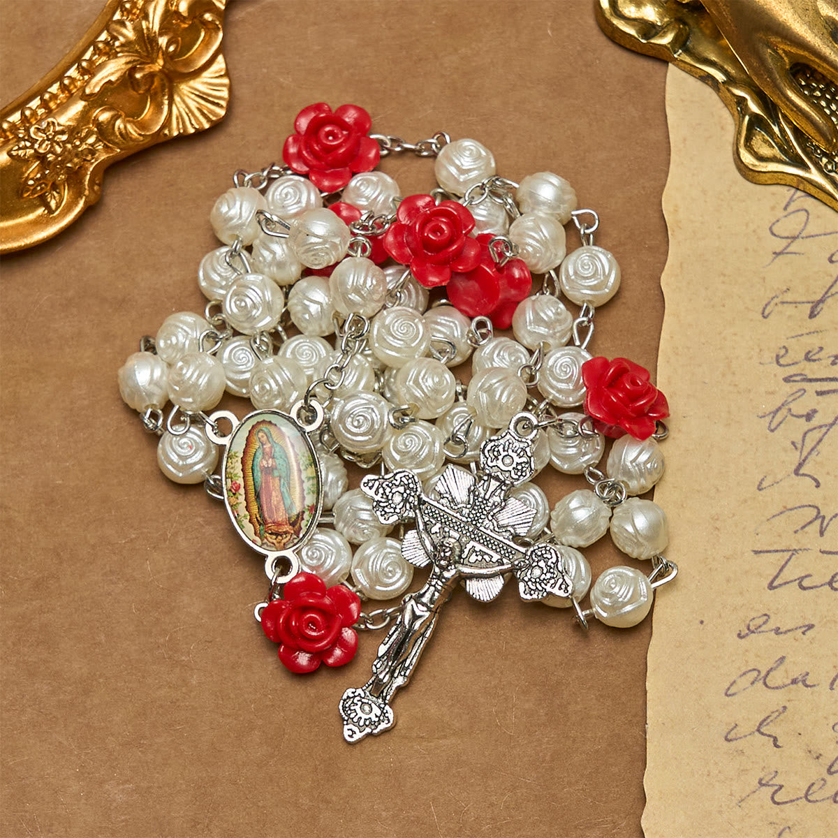 Graceful White and Red Rose Beads Rosary with Blessing Crucifix & Our Lady