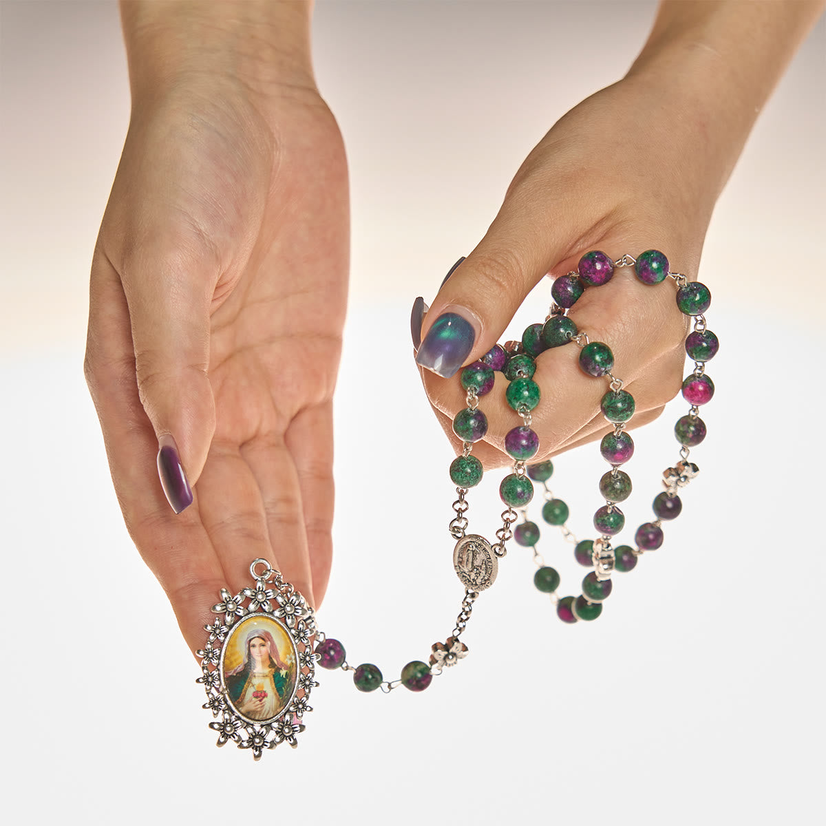 Exquisite Green Beads 7 Sorrows Rosary with Floral Charm and Miraculous Medal