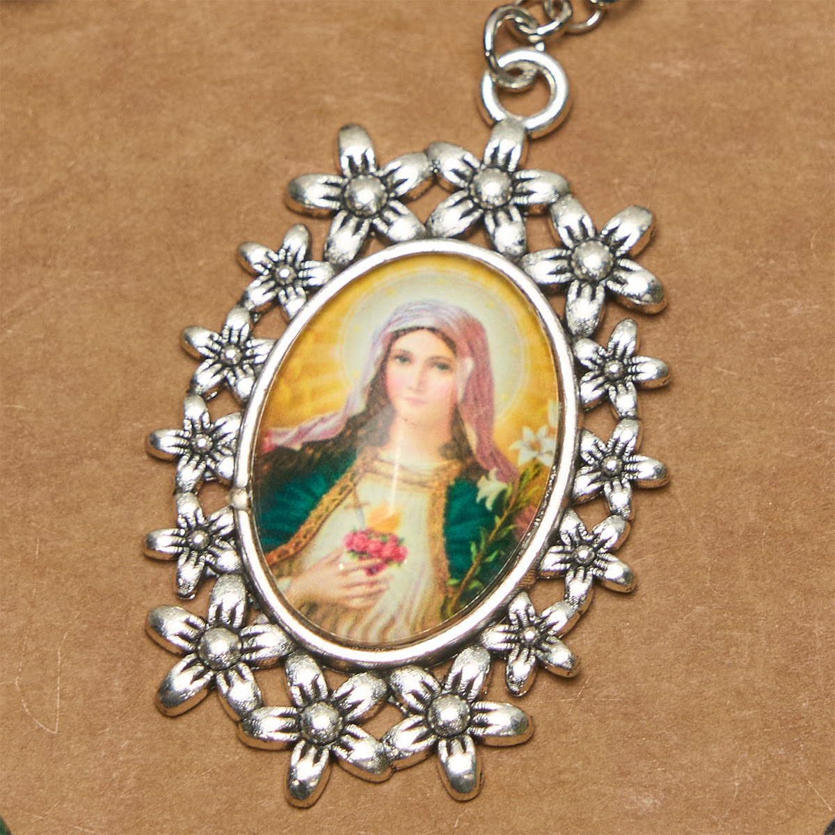 Exquisite Green Beads 7 Sorrows Rosary with Floral Charm and Miraculous Medal