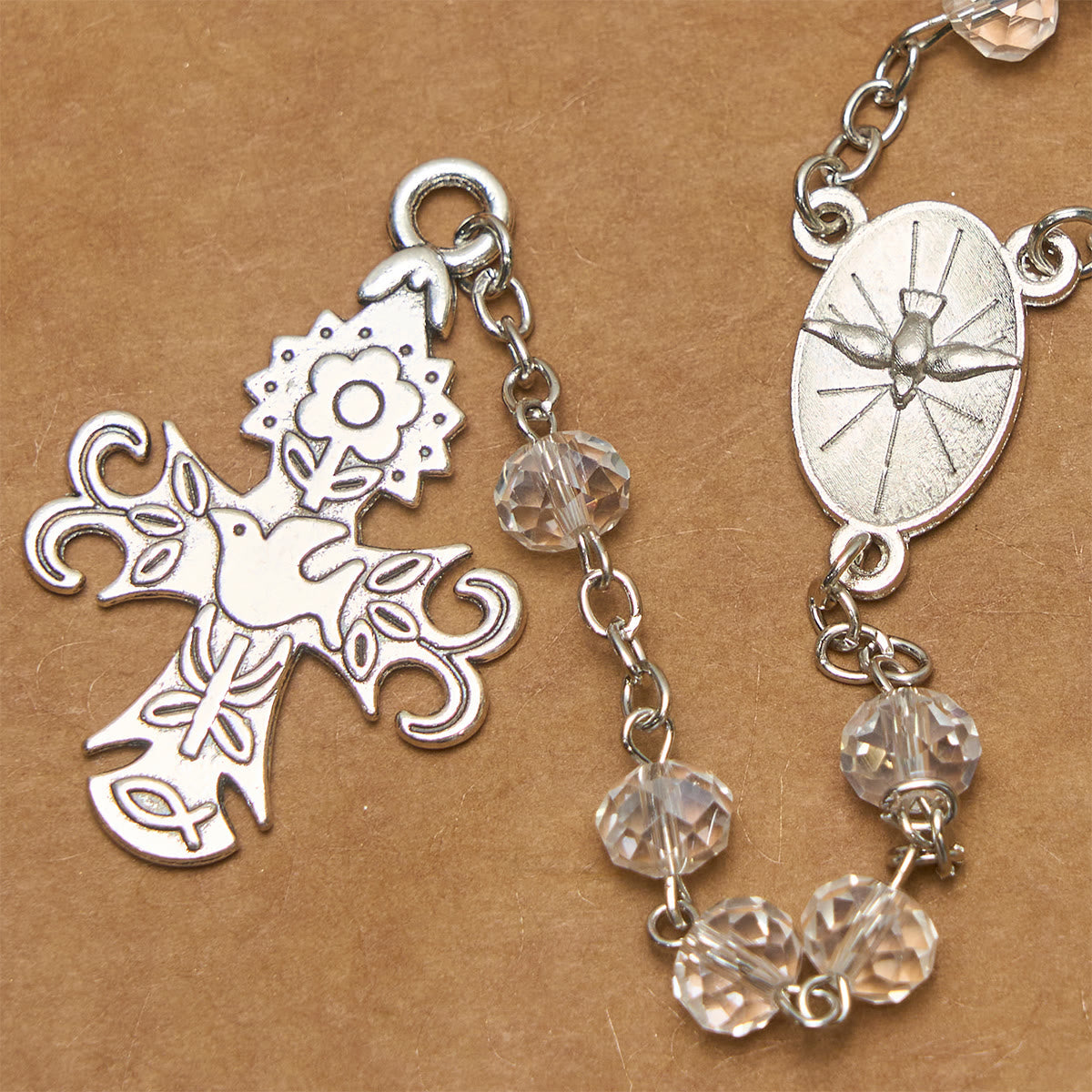 Clear Crystal Catholic Rosary with Holy Spirit Dove and Cross