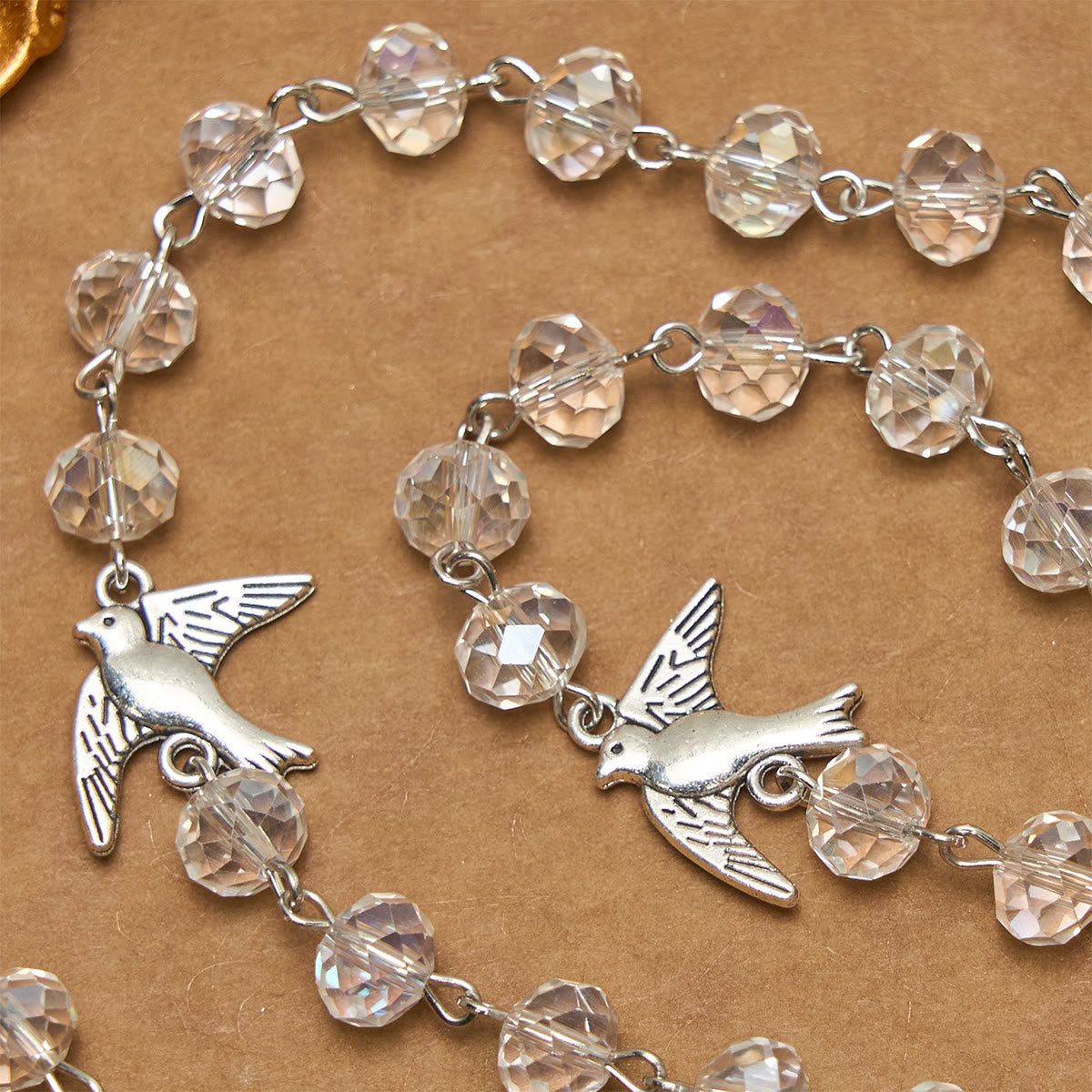 Clear Crystal Catholic Rosary with Holy Spirit Dove and Cross