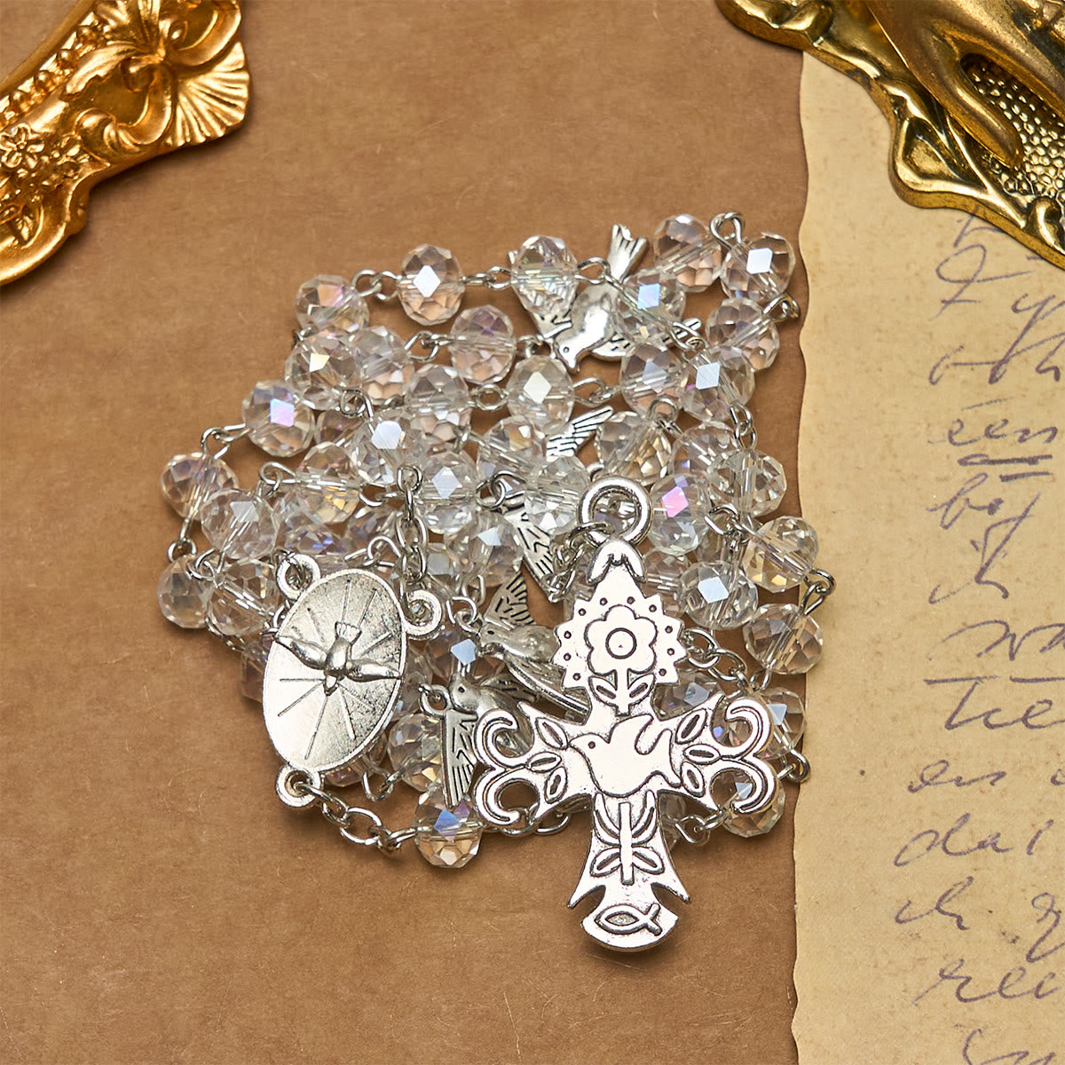 Clear Crystal Catholic Rosary with Holy Spirit Dove and Cross