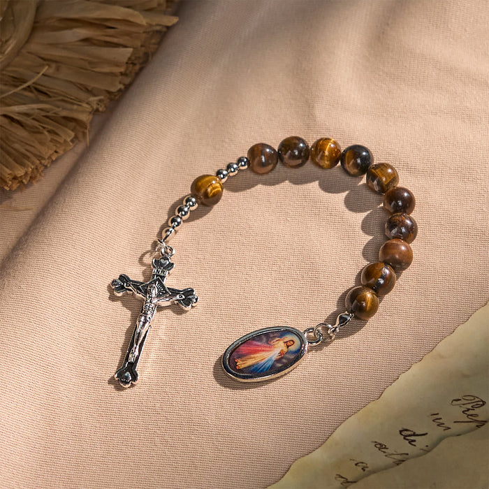 Compact Tiger Eye Pocket Rosary with Crucifix & Divine Mercy for Daily Prayers