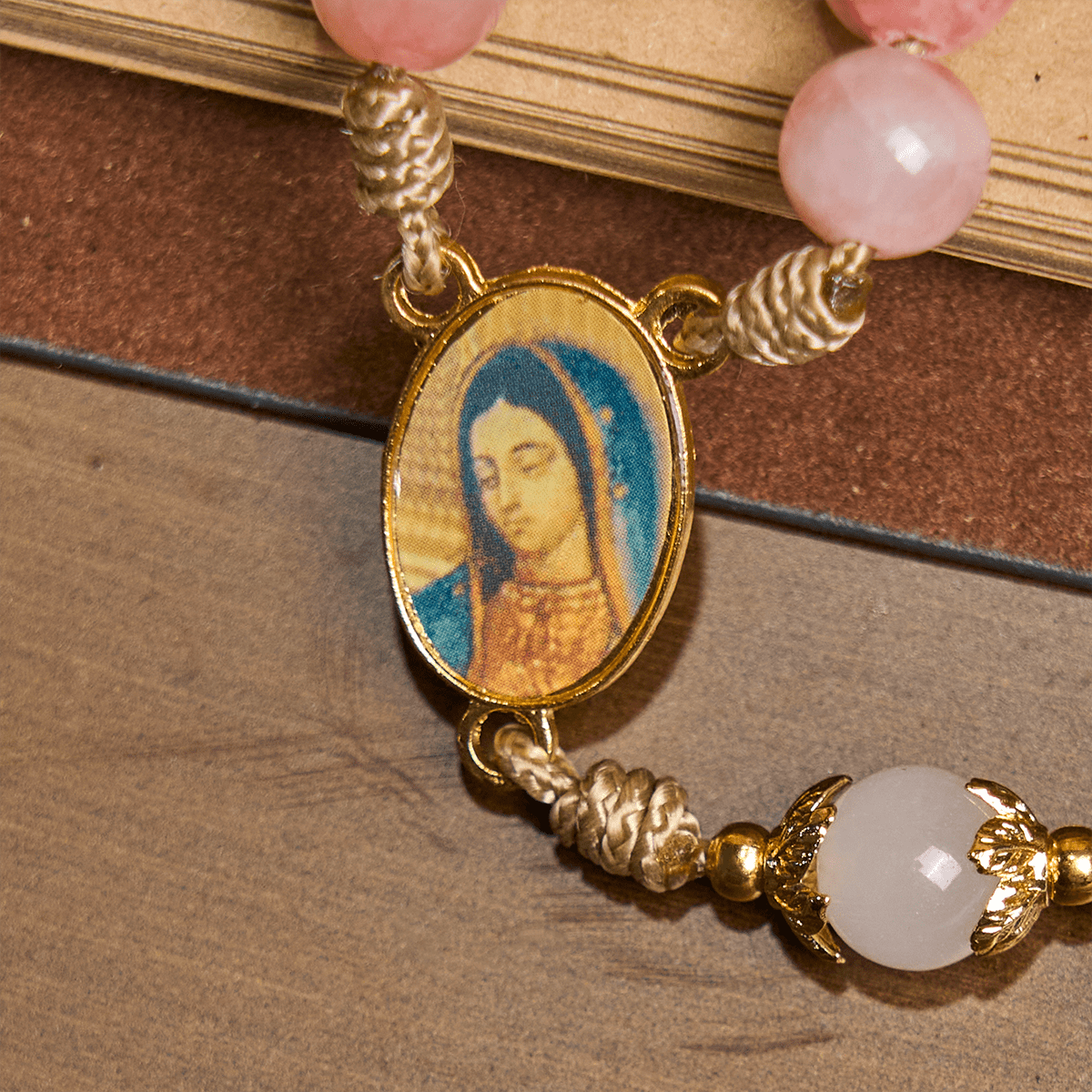 Handmade Pink Glossy Beads Rosary with Brass Crucifix and Our Lady Charm