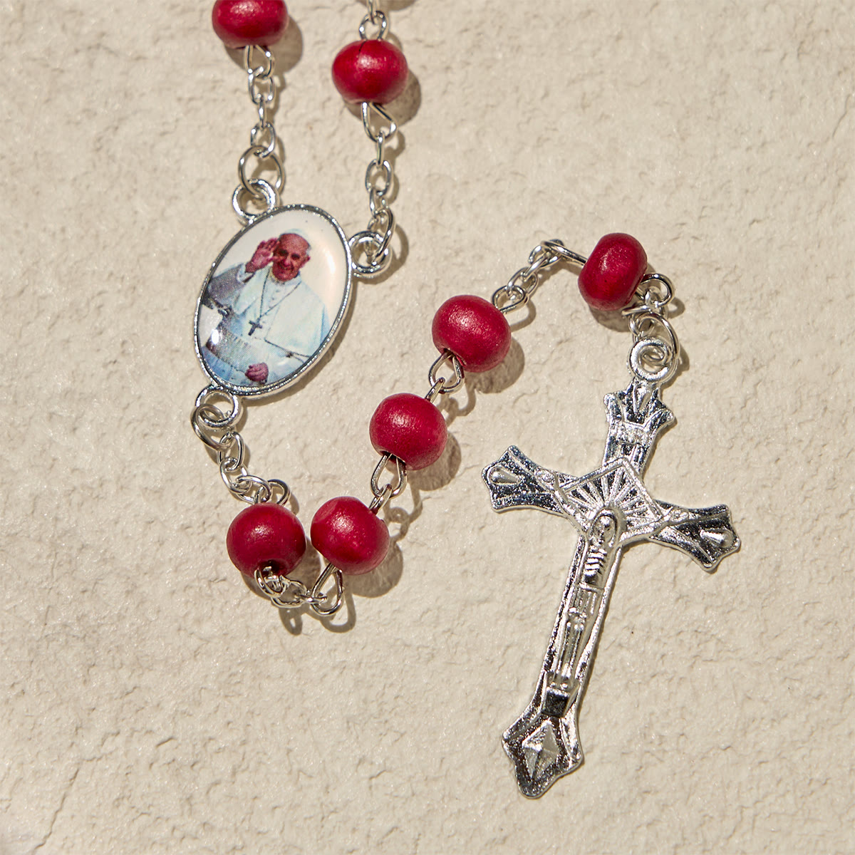 Divine Wooden Rosary in Red and White with Pope Francis Blessing Case