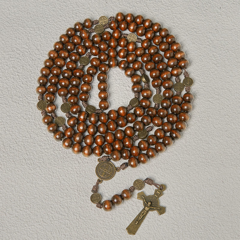 15/20 Decade Olive Wood Rosary with St. Benedict, Crucifix & Waist Chain Design—Divine Devotion in Dual Use