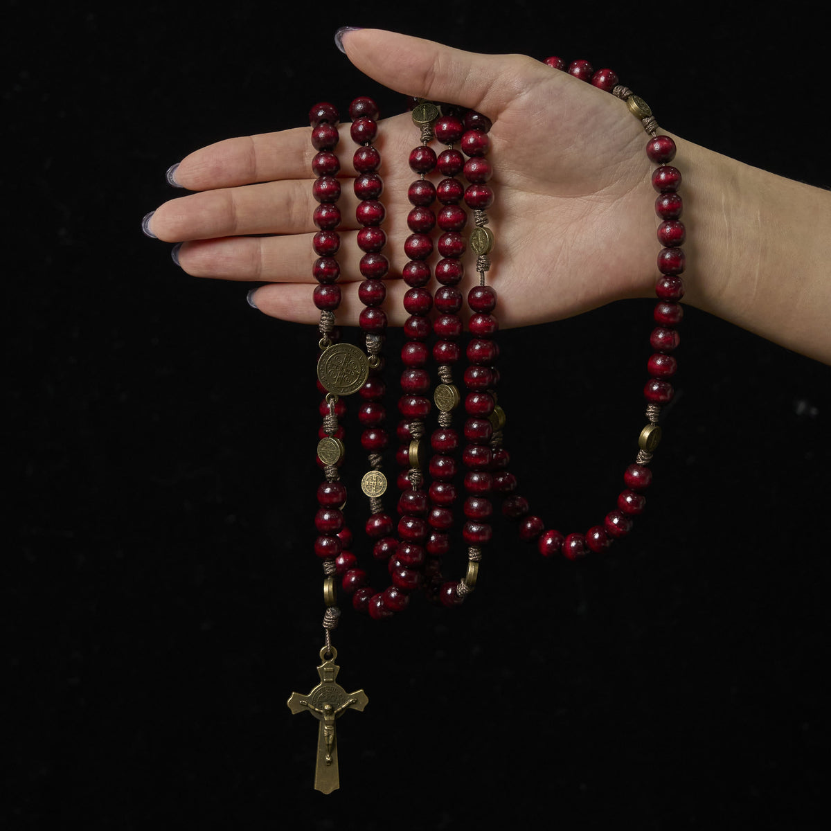 15/20 Decade Olive Wood Rosary with St. Benedict, Crucifix & Waist Chain Design—Divine Devotion in Dual Use