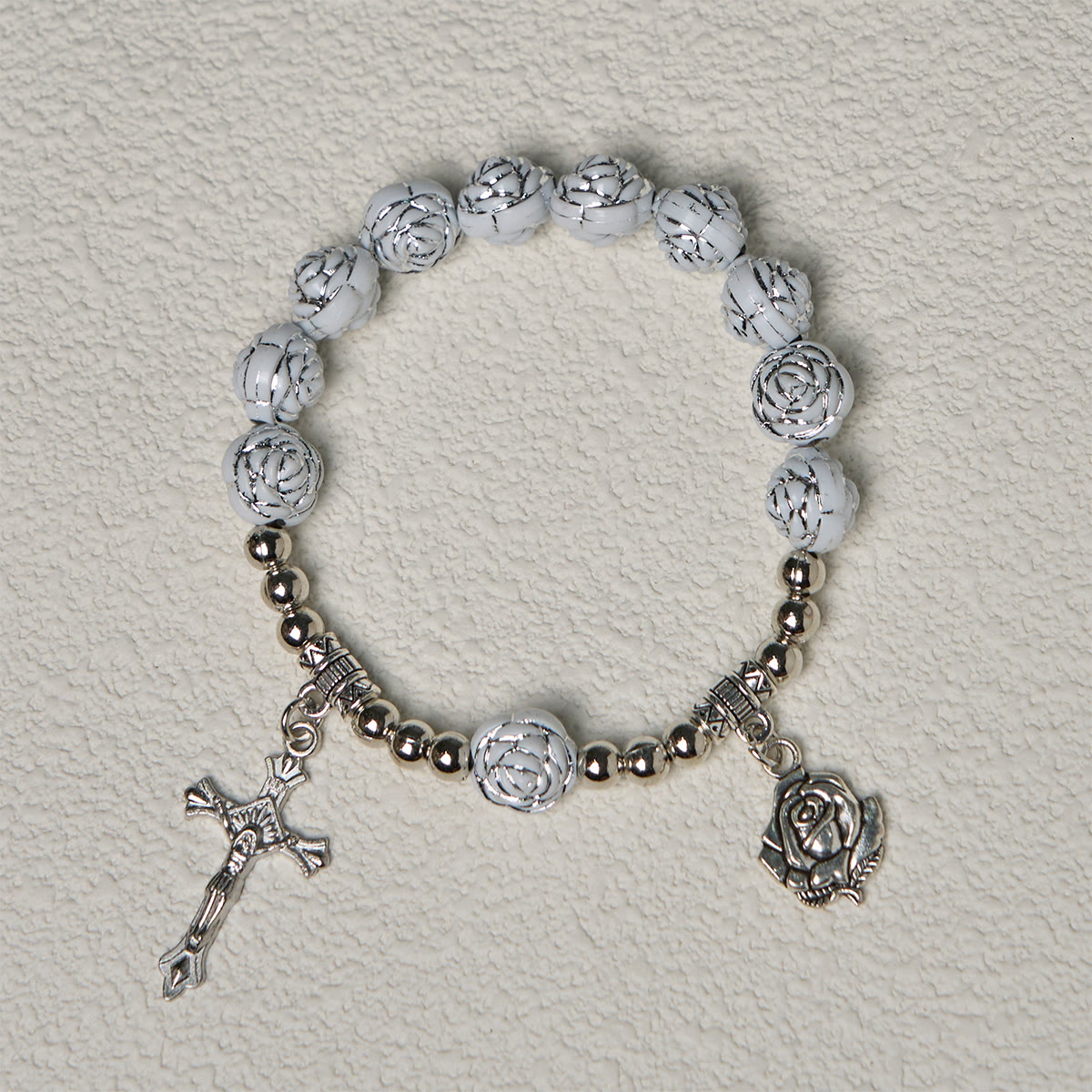 Delicate White Rose Devotional Beads Rosary and Bracelets with Virgin Mary