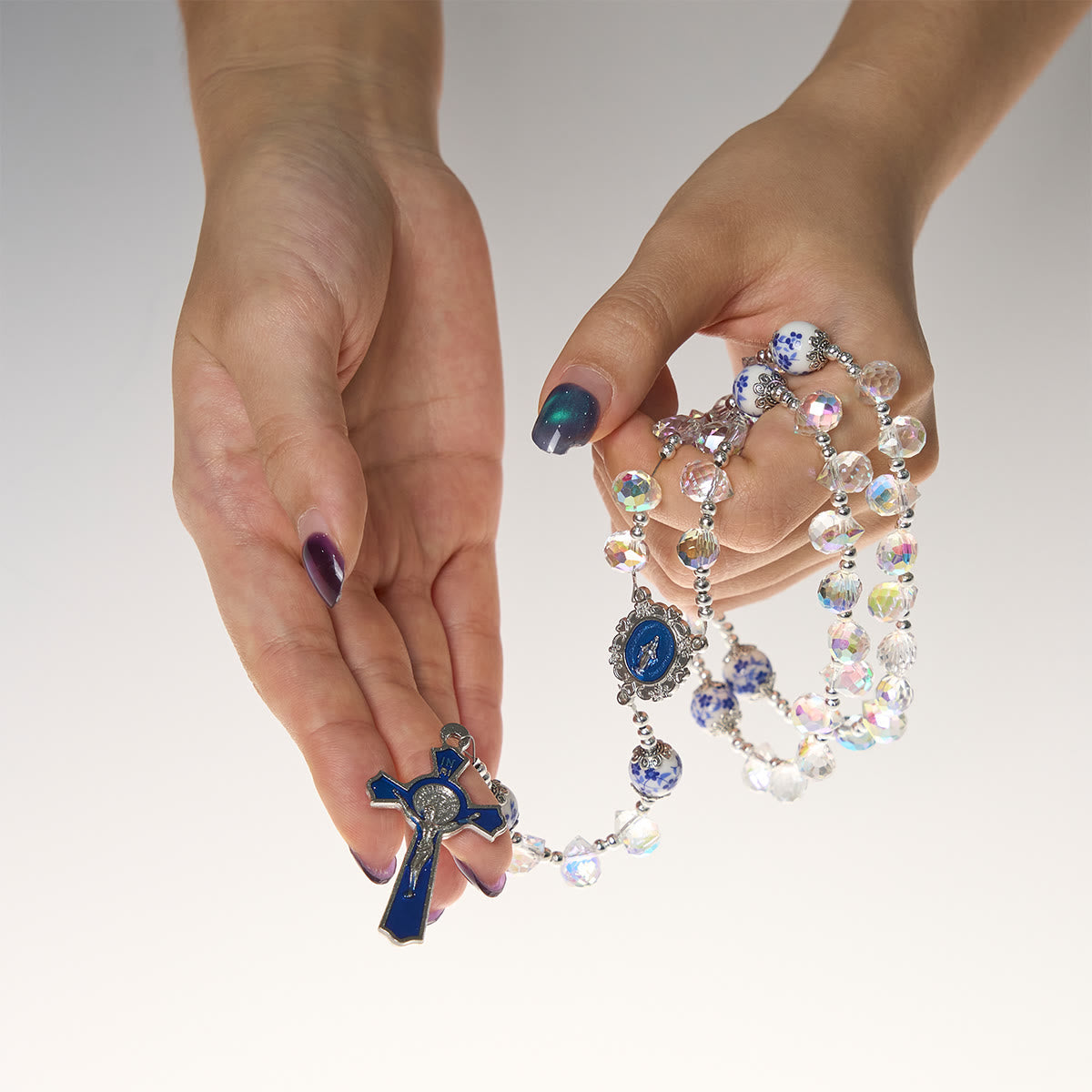 Shining Crystal and Blue Floral Beads Rosary with Enamel Crucifix & Our Lady