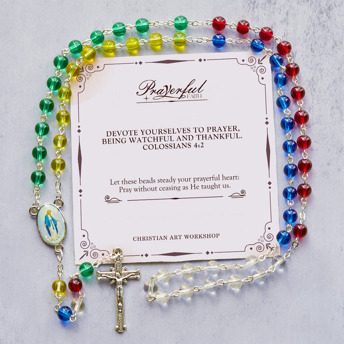 PRAYERFUL FAITH: 6mm Transparent Multicolor Rainbow Beads Rosary with Gift Card