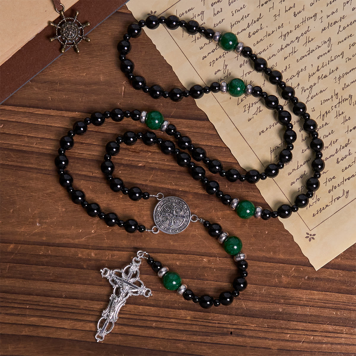PRAYERFUL FAITH: St. Benedict & Crucifix of 8mm Obsidian & Jade Handmade Bead Rosary