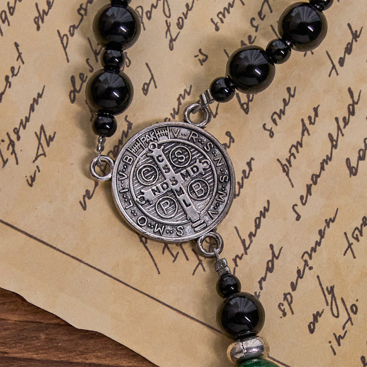 PRAYERFUL FAITH: St. Benedict & Crucifix of 8mm Obsidian & Jade Handmade Bead Rosary