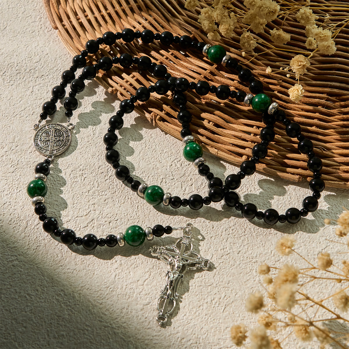 PRAYERFUL FAITH: St. Benedict & Crucifix of 8mm Obsidian & Jade Handmade Bead Rosary