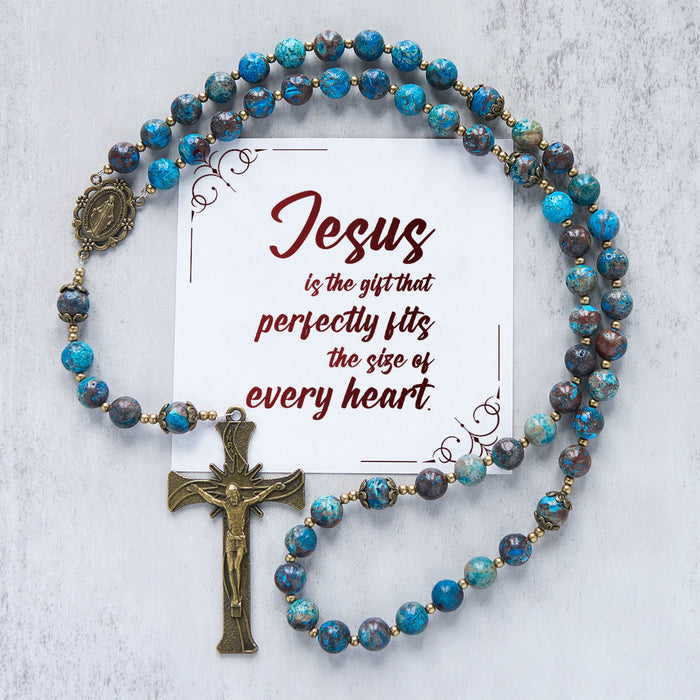 Jesus Is The Gift: Blue Pattern Beads Handmade Rosary of Authentic Larimar Stone