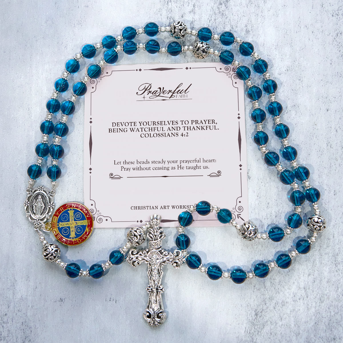 PRAYERFUL FAITH: Handmade Crucifix Clear Blue Glass Rosary with Gift Card