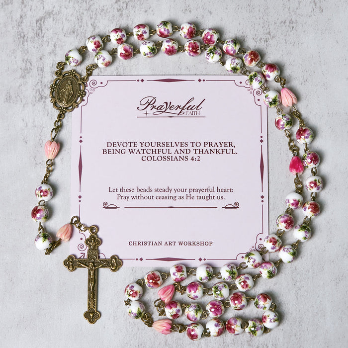 PRAYERFUL FAITH: Handmade Flower Resin Beads Rosary with Gift Card